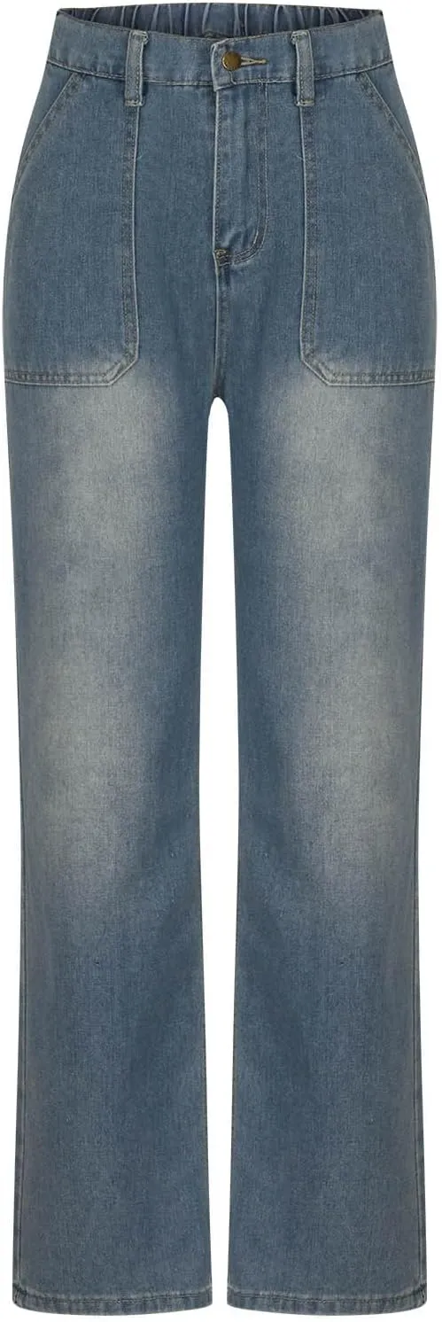 Women Jeans Ladies Stretch Trousers Casual Pants High Waisted Denim Jeans Straight Leg Jeans Loose Baggy Trousers