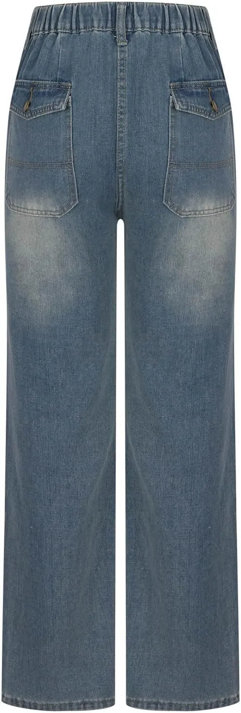 Women Jeans Ladies Stretch Trousers Casual Pants High Waisted Denim Jeans Straight Leg Jeans Loose Baggy Trousers