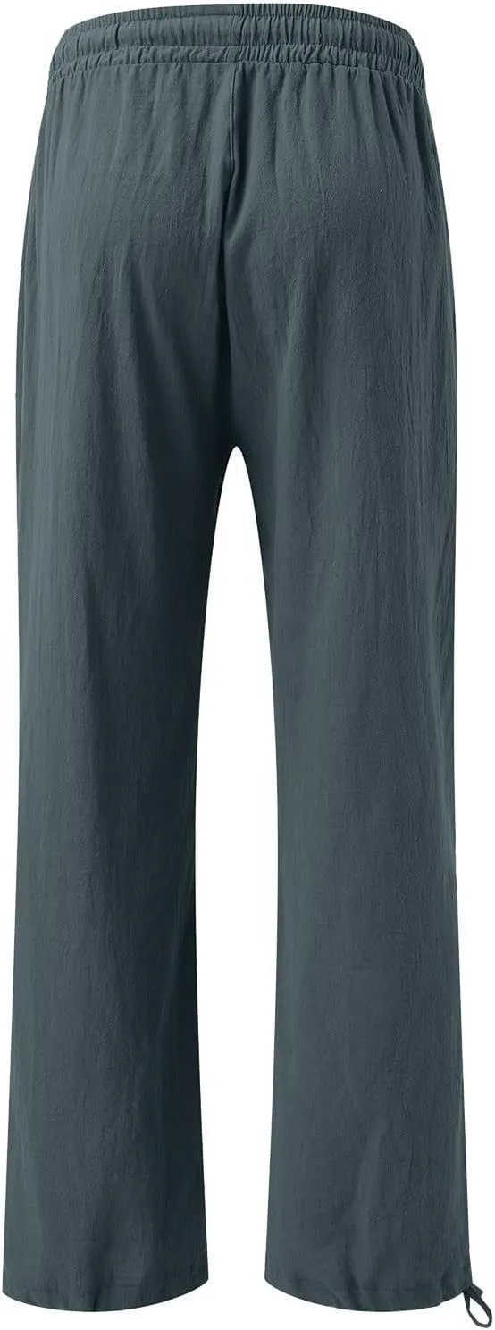 Women Linen Pants Summer Wide Leg Pants Casual Beach Pants with Pockets Elastic Palazzo Pants Boho Flowy Pants