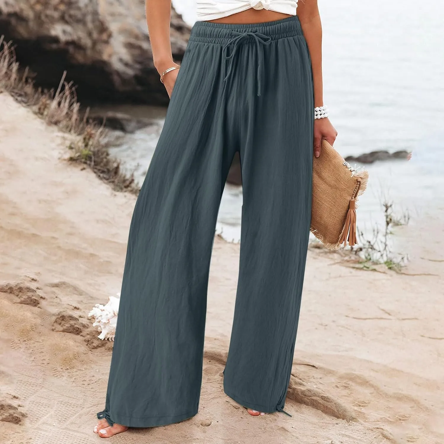 Women Linen Pants Summer Wide Leg Pants Casual Beach Pants with Pockets Elastic Palazzo Pants Boho Flowy Pants