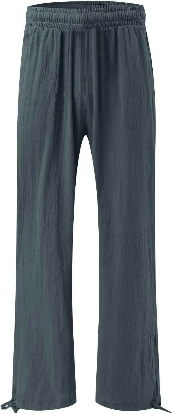 Women Linen Pants Summer Wide Leg Pants Casual Beach Pants with Pockets Elastic Palazzo Pants Boho Flowy Pants