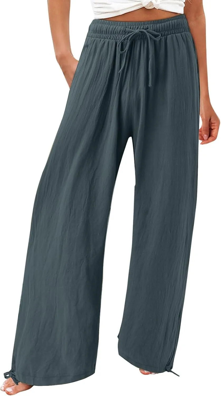Women Linen Pants Summer Wide Leg Pants Casual Beach Pants with Pockets Elastic Palazzo Pants Boho Flowy Pants