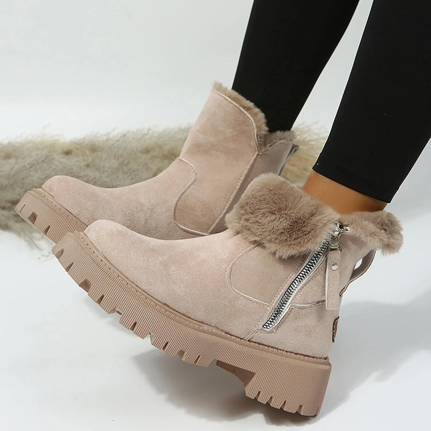 Women Snow Ankle Boots Lug Sole Anti Slip Plush Lined Winter Boots Waterproof Side Zipper Mid Calf Boots For Women