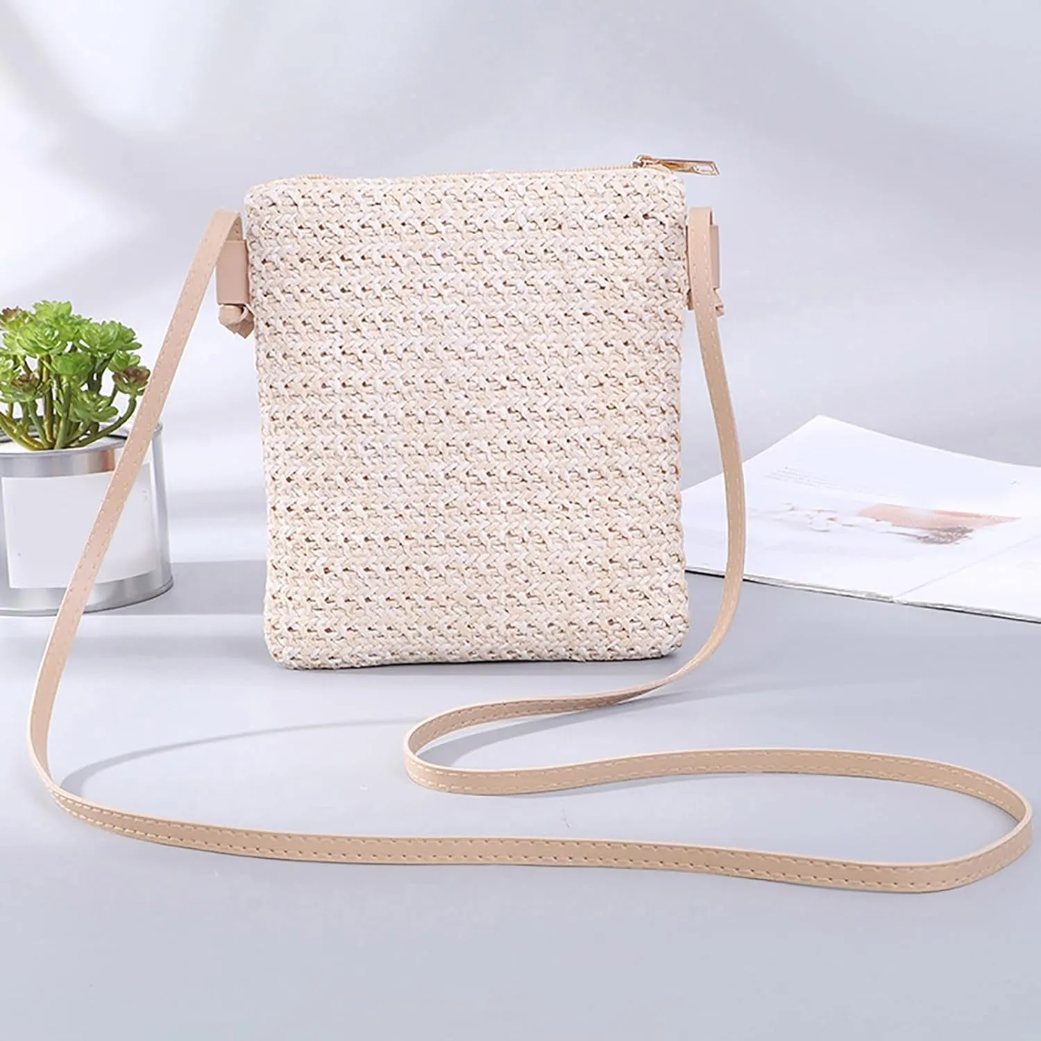 Women Straw Shoulder Bags Hand Woven Crossbody Beach Small Bag Shoulder Briefcase for Men Briefcase Purse (B, One Size)