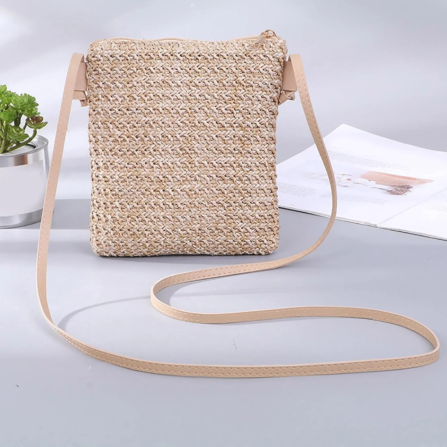 Women Straw Shoulder Bags Hand Woven Crossbody Beach Small Bag Shoulder Briefcase for Men Briefcase Purse (D, One Size)