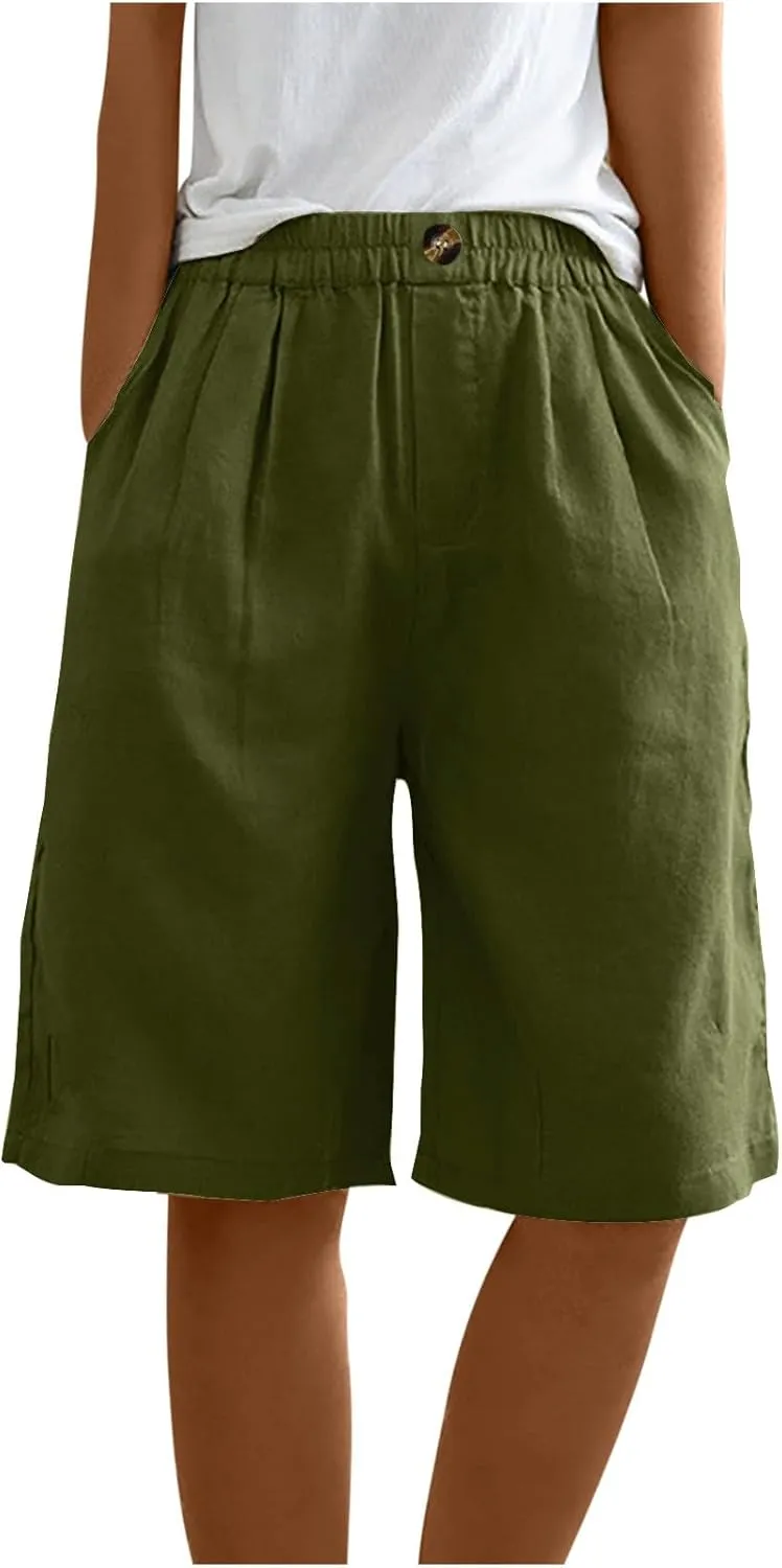 Women Summer Cotton Linen Bermuda Shorts Elastic Waist Wide Leg Shorts Loose Knee Length Shorts Casual Beach Shorts
