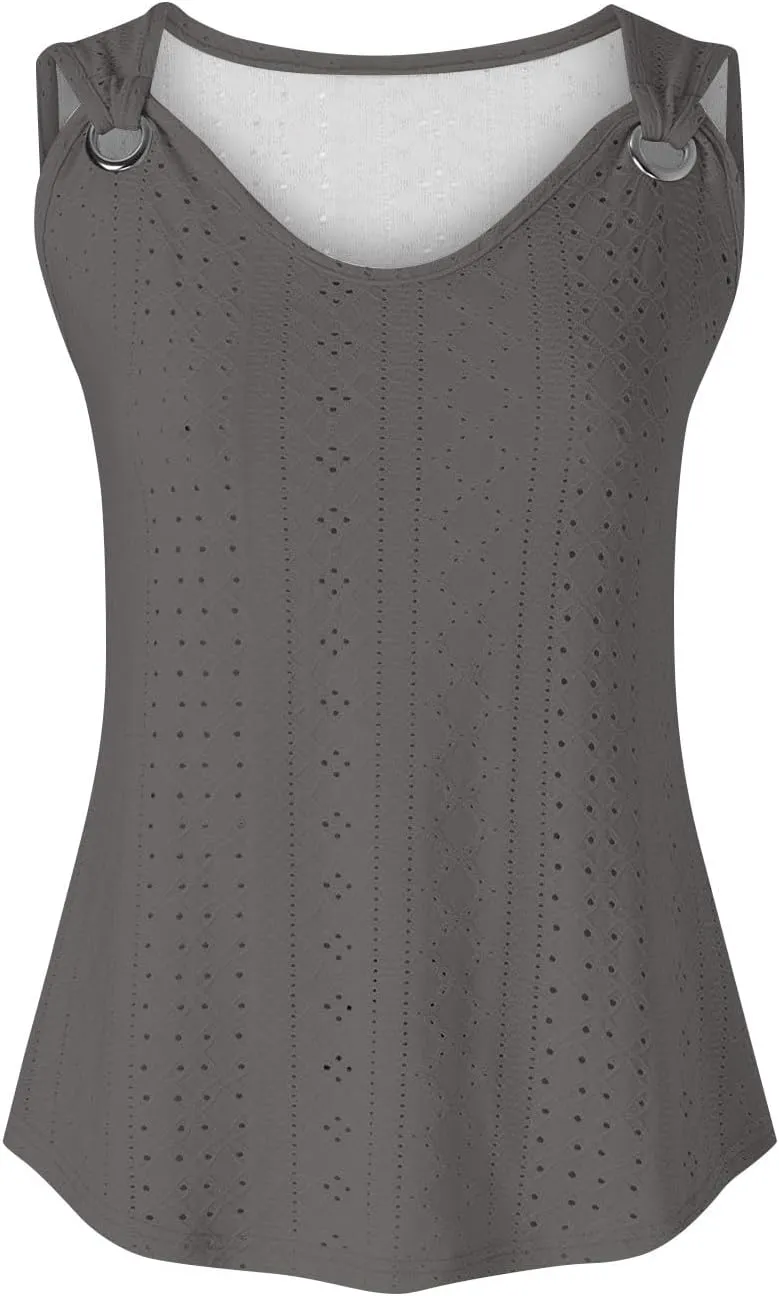 Women Tank Tops Summer Sleeveless Basic Cami Top Shirt Slim Knit Ribbed Vest Eyelet Blouses Trendy Outfits