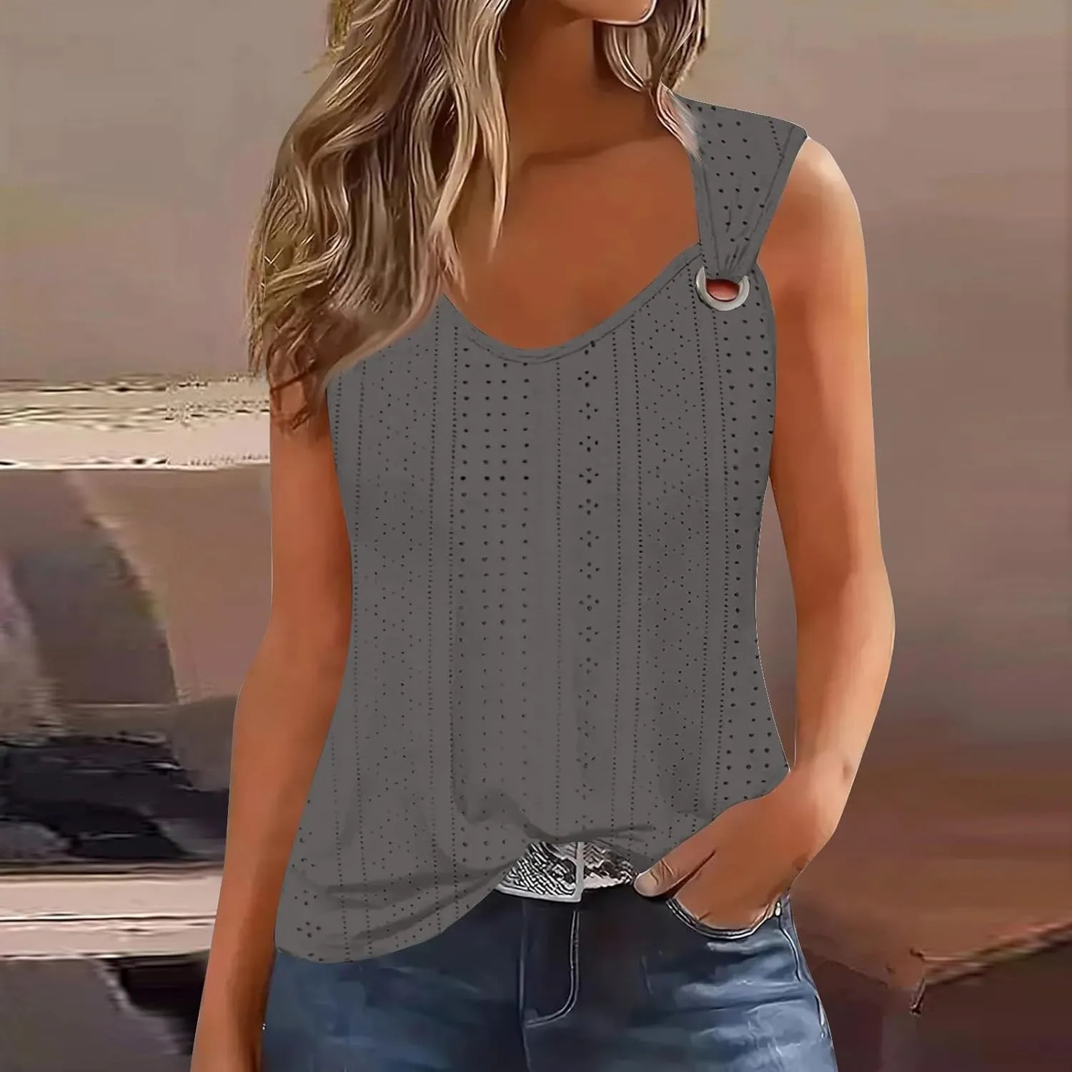 Women Tank Tops Summer Sleeveless Basic Cami Top Shirt Slim Knit Ribbed Vest Eyelet Blouses Trendy Outfits