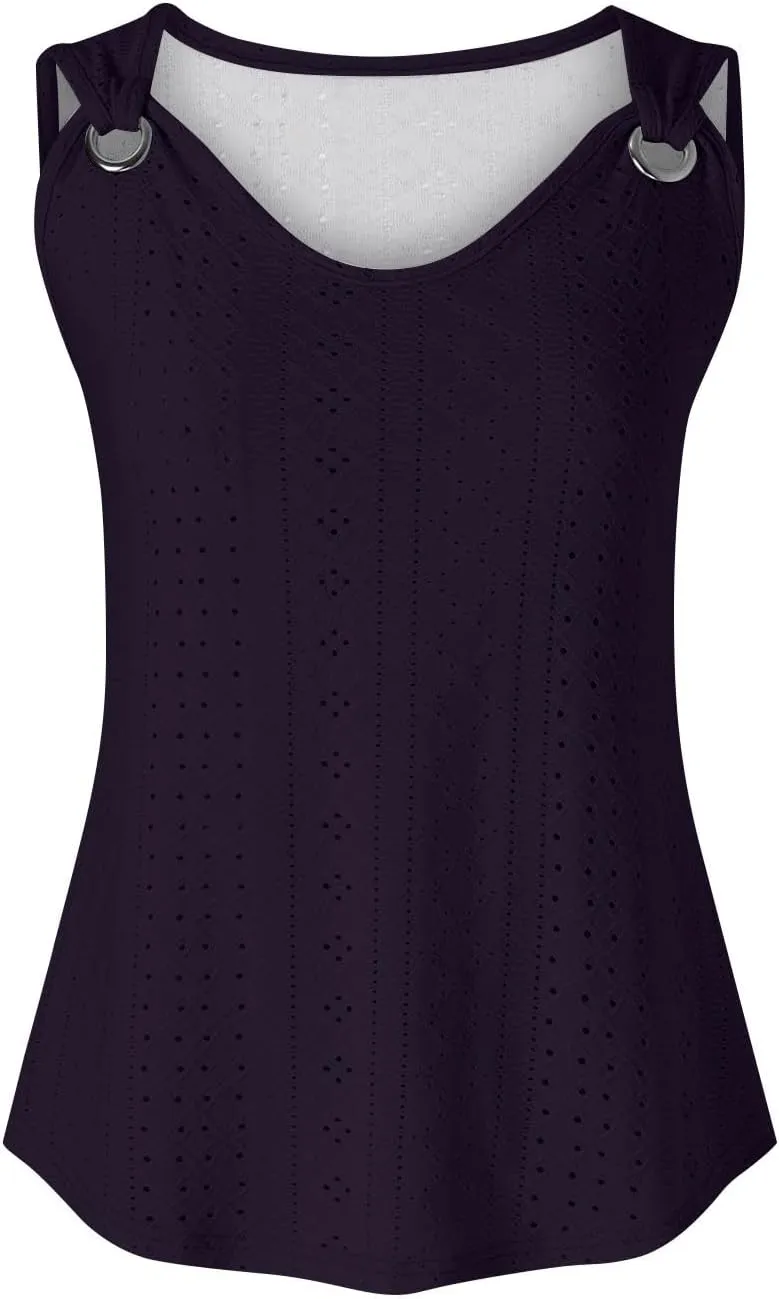 Women Tank Tops Summer Sleeveless Basic Cami Top Shirt Slim Knit Ribbed Vest Eyelet Blouses Trendy Outfits