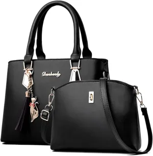 Women Top-Handle Purses Leather 2pcs Totes Handbag Shoulder Satchel with tassel
