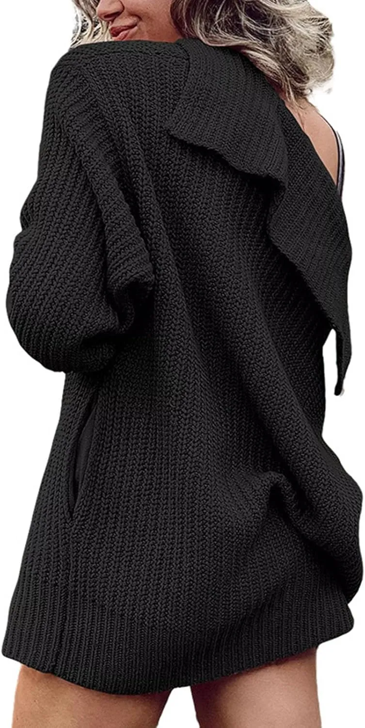 Women's 2024 Winter Casual Long Sleeve Button Down Lapel Cardigan Sweater Chunky Knit Slouchy Outerwear with Pockets
