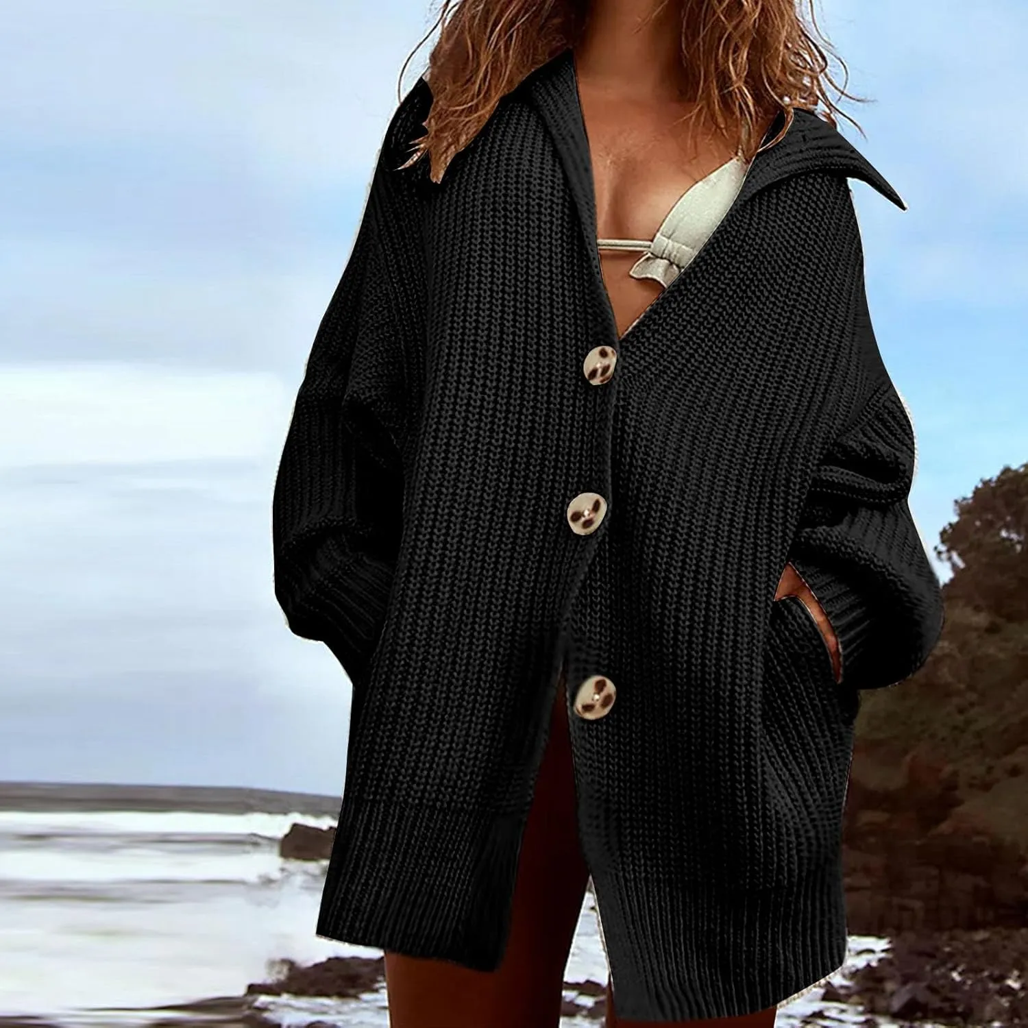 Women's 2024 Winter Casual Long Sleeve Button Down Lapel Cardigan Sweater Chunky Knit Slouchy Outerwear with Pockets