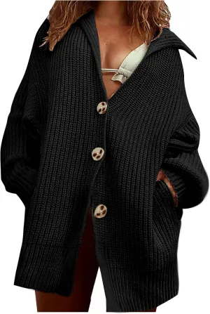 Women's 2024 Winter Casual Long Sleeve Button Down Lapel Cardigan Sweater Chunky Knit Slouchy Outerwear with Pockets