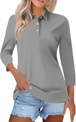 Womens 3/4 Sleeve Tops V Neck Work Polo Shirts Dressy Casual Striped Blouses Three Quarter Length Tunic Tops