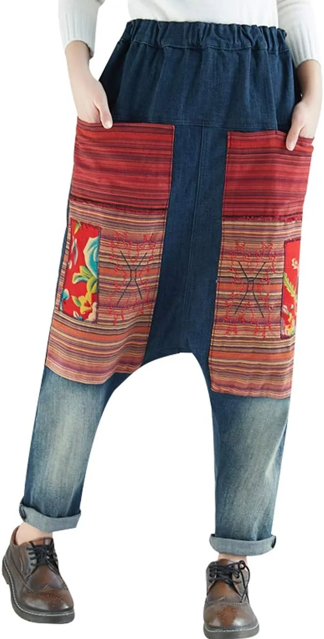Women's Casual Drop Crotch Trousers Denim Jeans Ripped Harem Jeans