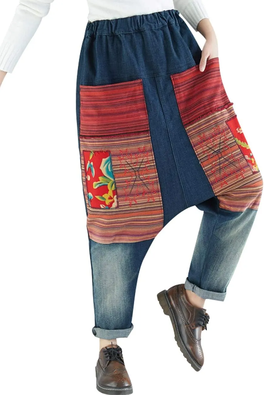 Women's Casual Drop Crotch Trousers Denim Jeans Ripped Harem Jeans