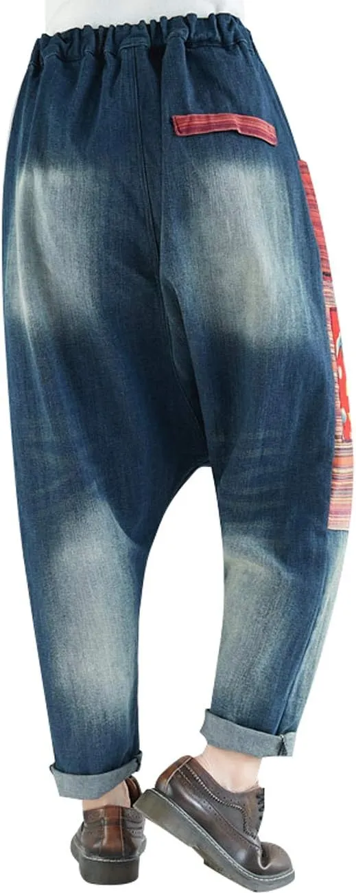 Women's Casual Drop Crotch Trousers Denim Jeans Ripped Harem Jeans
