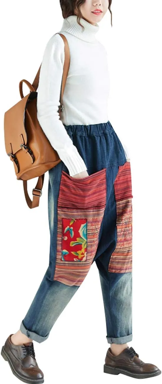 Women's Casual Drop Crotch Trousers Denim Jeans Ripped Harem Jeans