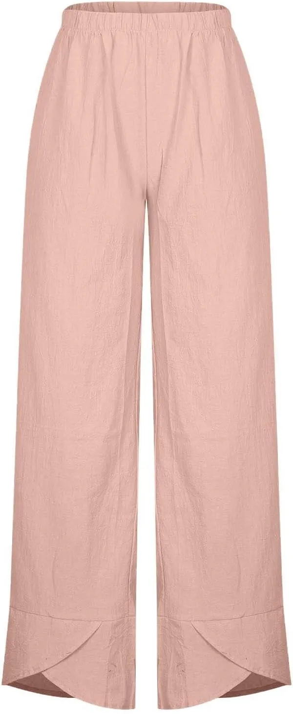 Womens Casual Linen Pants Cotton Harem Pants Plus Size Lounge Pants with Pockets Summer Pants Loose Straight Leg Pants