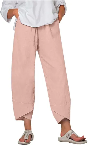Womens Casual Linen Pants Cotton Harem Pants Plus Size Lounge Pants with Pockets Summer Pants Loose Straight Leg Pants