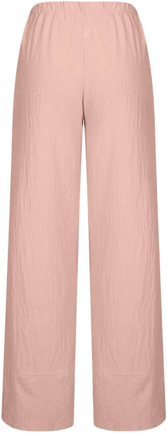 Womens Casual Linen Pants Cotton Harem Pants Plus Size Lounge Pants with Pockets Summer Pants Loose Straight Leg Pants