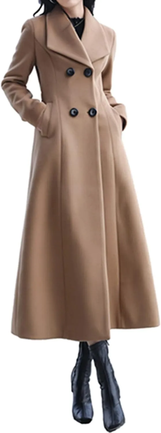 Women's Charming Long Wool Trench Coat Winter Double Breasted Classic Warm Thick Jacket