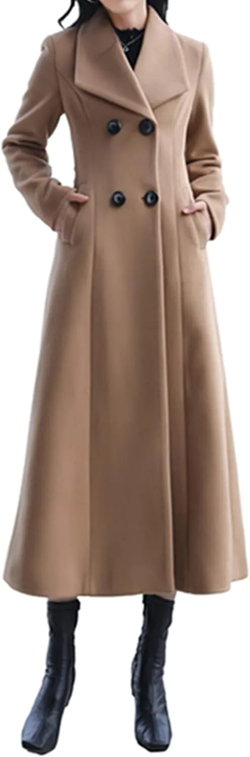 Women's Charming Long Wool Trench Coat Winter Double Breasted Classic Warm Thick Jacket