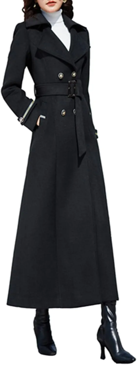 Women's Charming Long Wool Trench Coat Winter Double Breasted Classic Warm Thick Jacket