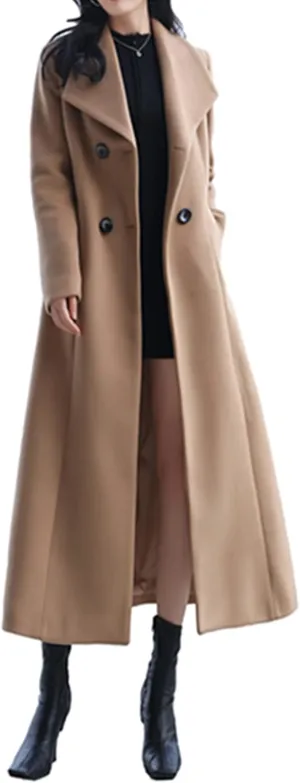 Women's Charming Long Wool Trench Coat Winter Double Breasted Classic Warm Thick Jacket