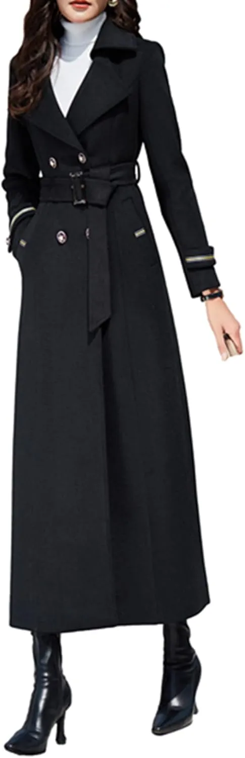 Women's Charming Long Wool Trench Coat Winter Double Breasted Classic Warm Thick Jacket