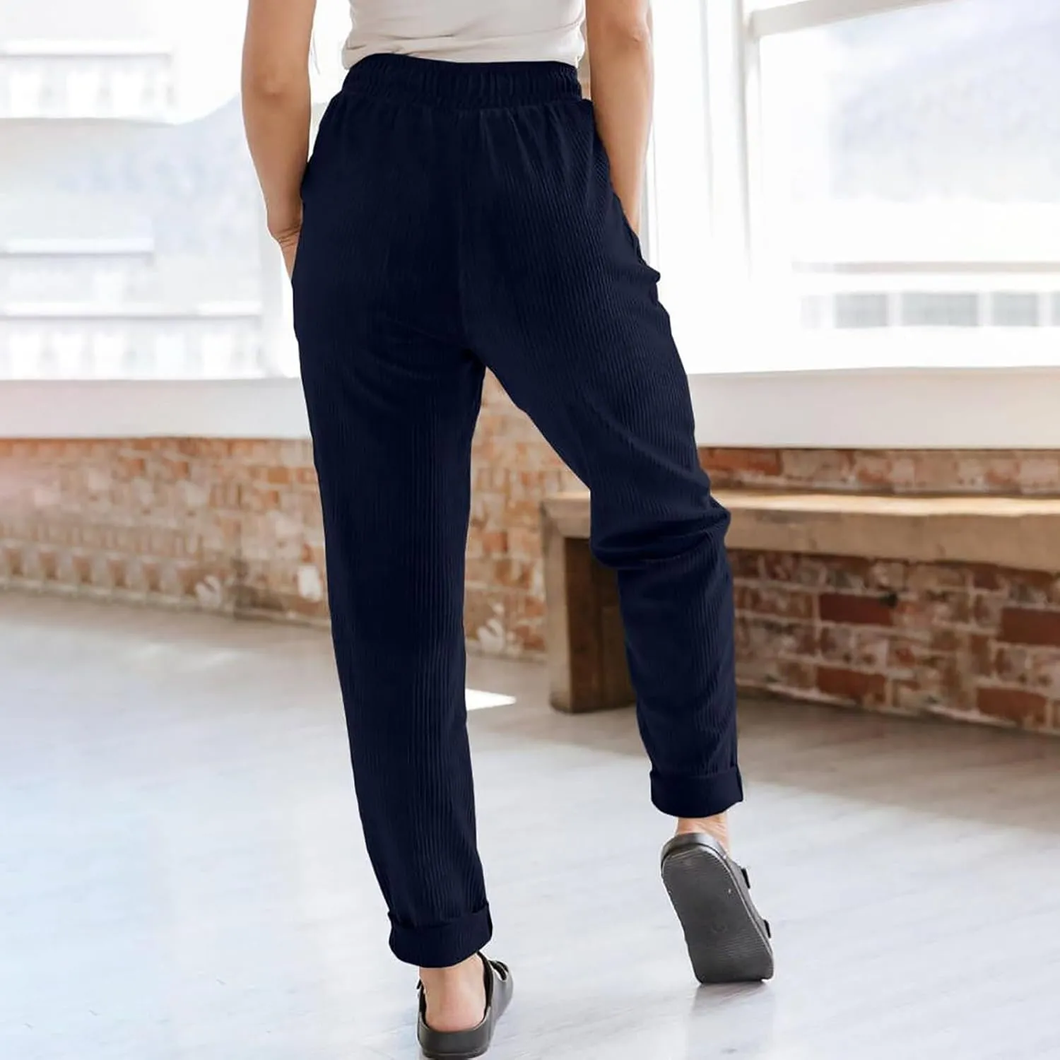 Womens Corduroy Pants Comfy Straight Leg Pants Work Pants Casual Ladies Loose Elastic Waist Pants with Pockets