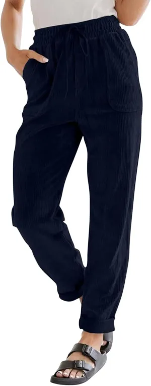 Womens Corduroy Pants Comfy Straight Leg Pants Work Pants Casual Ladies Loose Elastic Waist Pants with Pockets