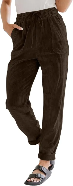 Womens Corduroy Pants Comfy Straight Leg Pants Work Pants Casual Ladies Loose Elastic Waist Pants with Pockets