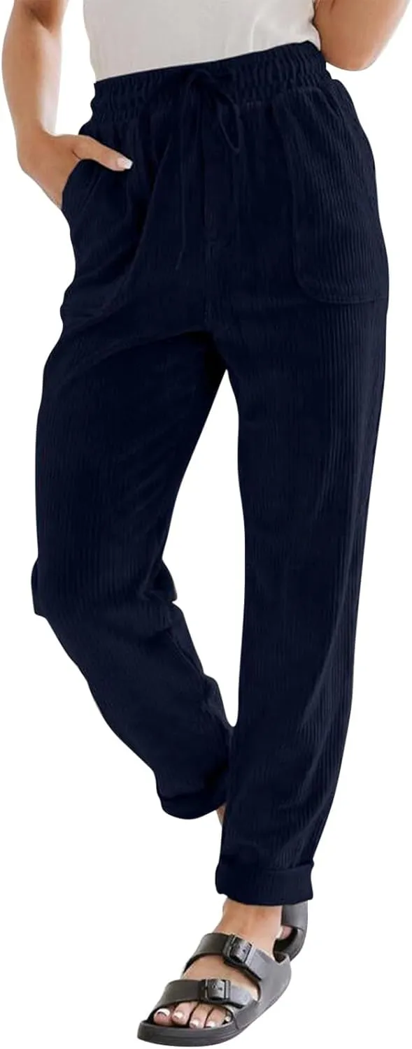 Womens Corduroy Pants Comfy Straight Leg Pants Work Pants Casual Ladies Loose Elastic Waist Pants with Pockets