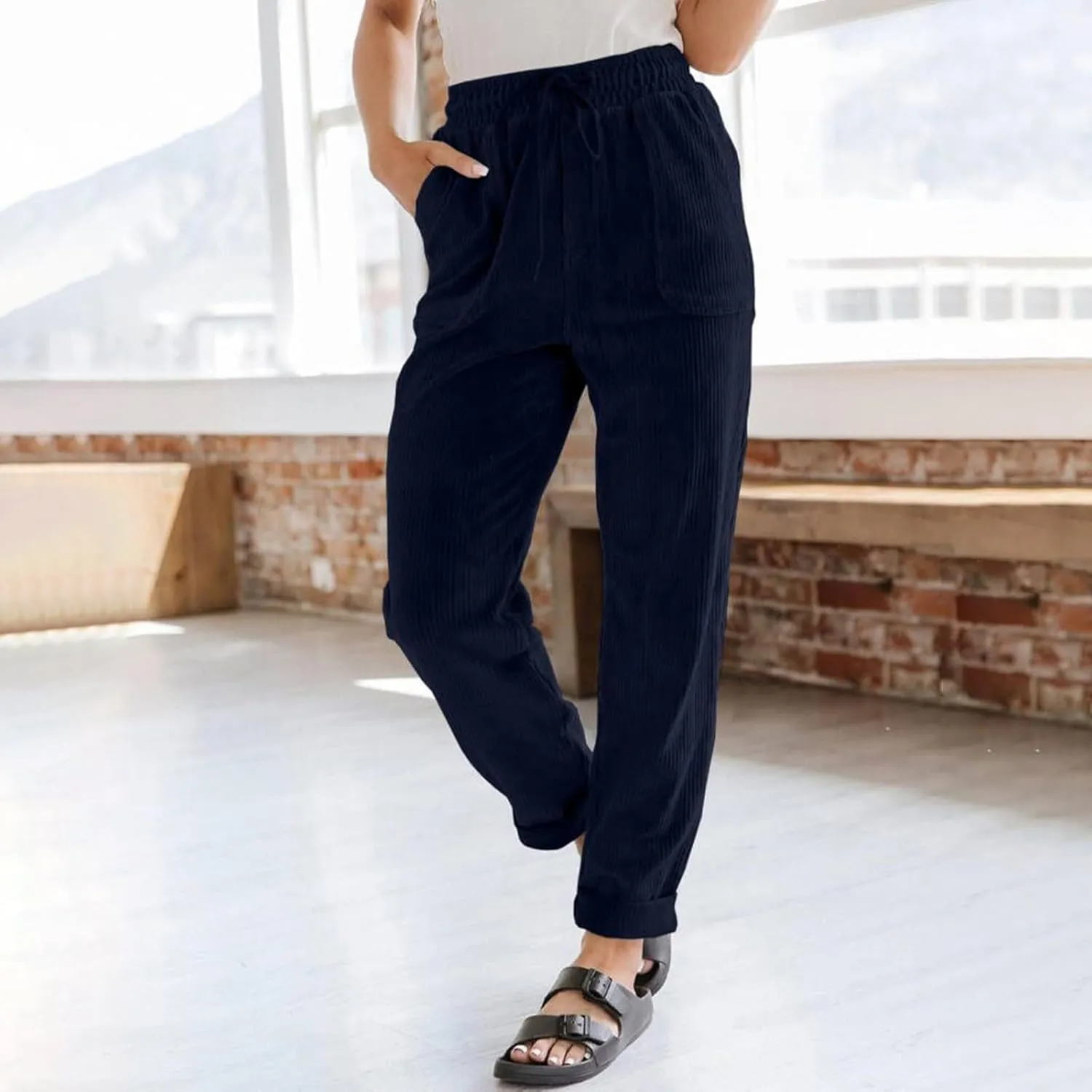 Womens Corduroy Pants Comfy Straight Leg Pants Work Pants Casual Ladies Loose Elastic Waist Pants with Pockets