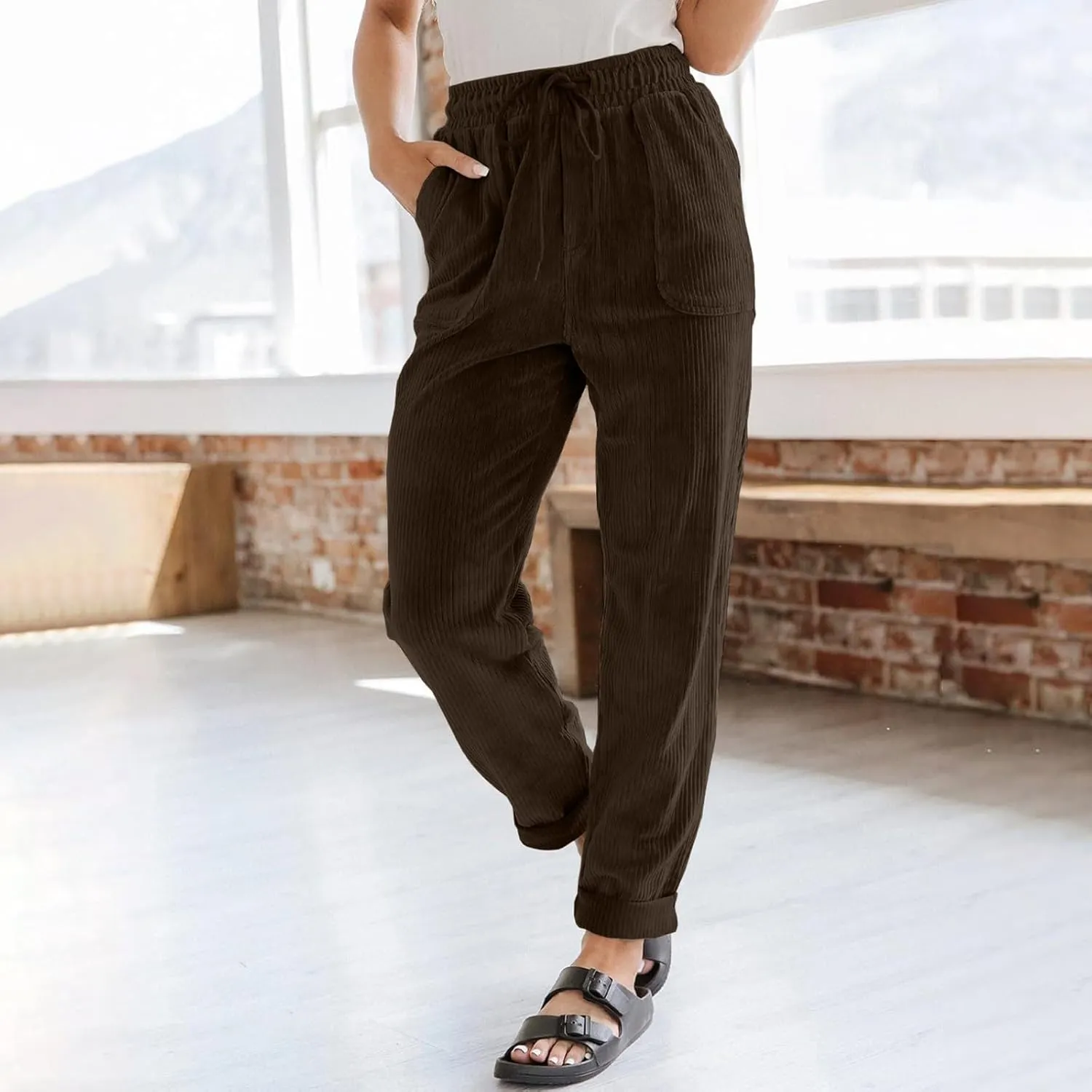 Womens Corduroy Pants Comfy Straight Leg Pants Work Pants Casual Ladies Loose Elastic Waist Pants with Pockets