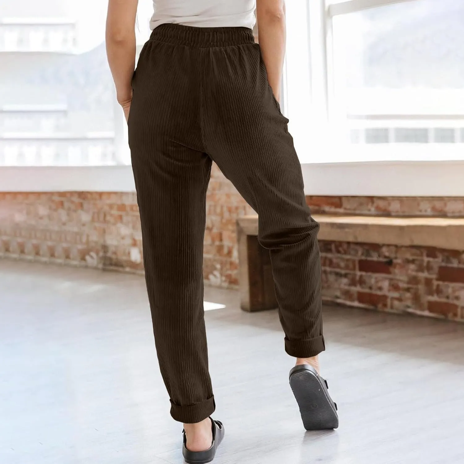 Womens Corduroy Pants Comfy Straight Leg Pants Work Pants Casual Ladies Loose Elastic Waist Pants with Pockets