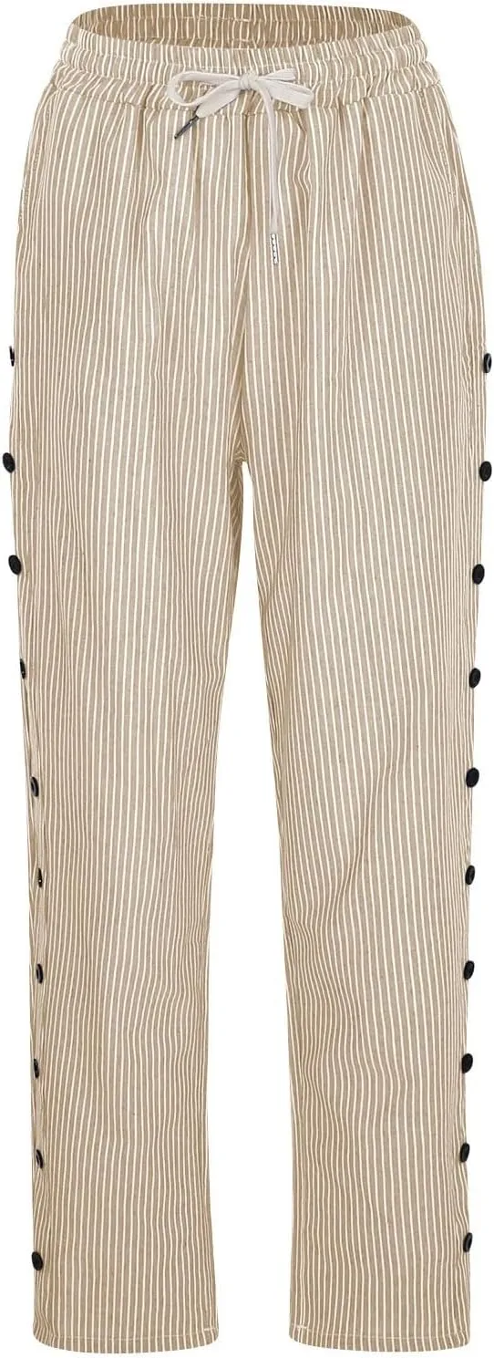 Women's Cotton Linen Pants High Waist Drawstring Pants Casual Striped Pants Ankle Length Pants Trousers with Pockets