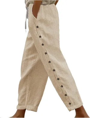 Women's Cotton Linen Pants High Waist Drawstring Pants Casual Striped Pants Ankle Length Pants Trousers with Pockets