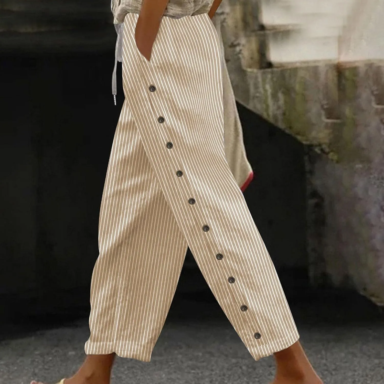 Women's Cotton Linen Pants High Waist Drawstring Pants Casual Striped Pants Ankle Length Pants Trousers with Pockets