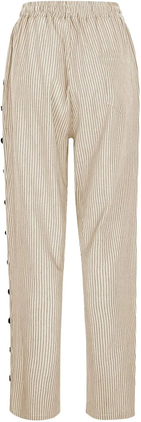 Women's Cotton Linen Pants High Waist Drawstring Pants Casual Striped Pants Ankle Length Pants Trousers with Pockets
