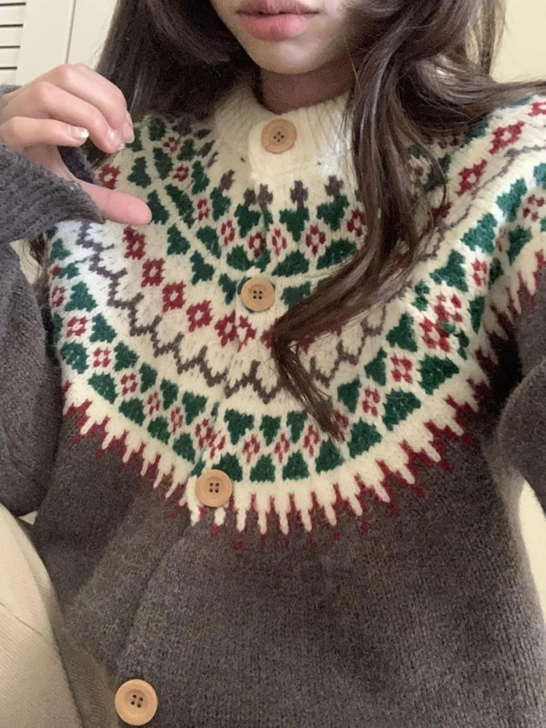 Womens Fair Isle Chunky Knit Cardigan - Button Down Vintage Sweater for Fall