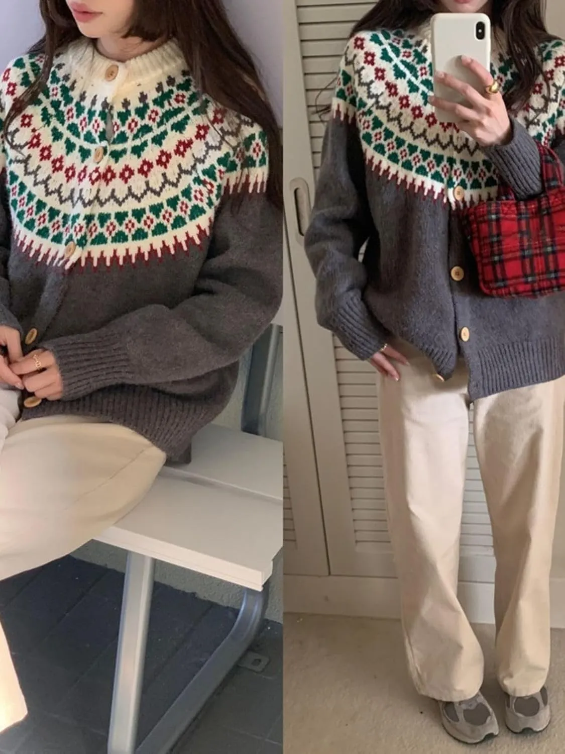 Womens Fair Isle Chunky Knit Cardigan - Button Down Vintage Sweater for Fall