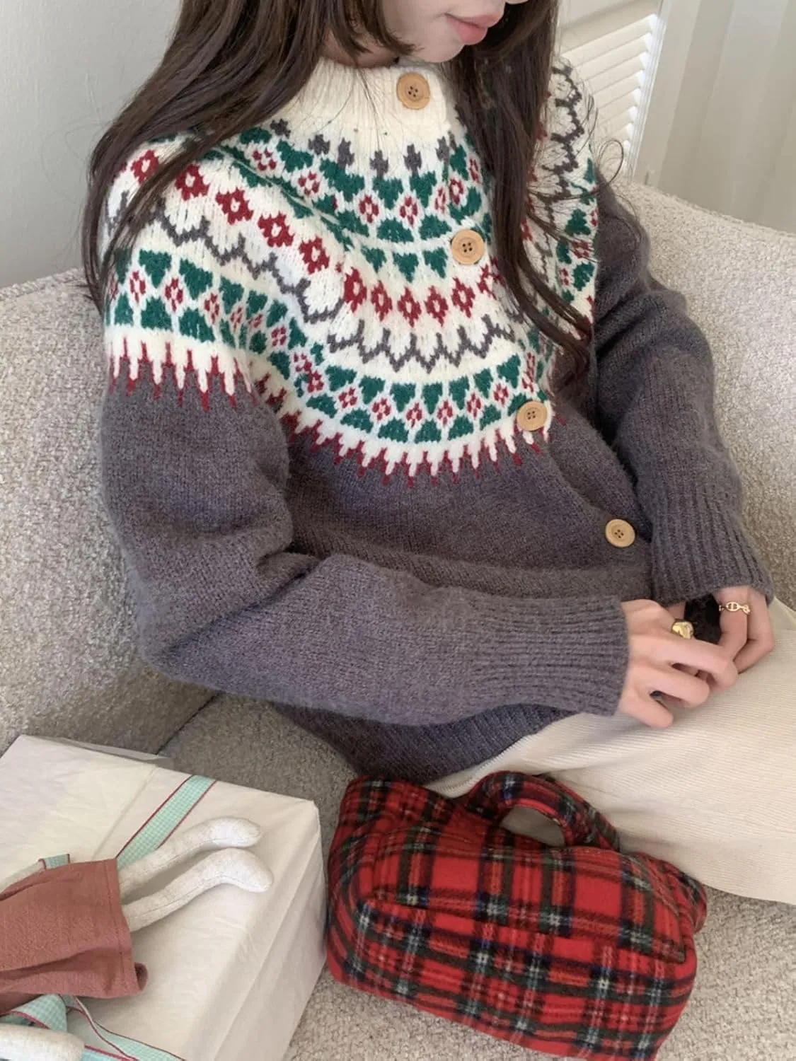 Womens Fair Isle Chunky Knit Cardigan - Button Down Vintage Sweater for Fall