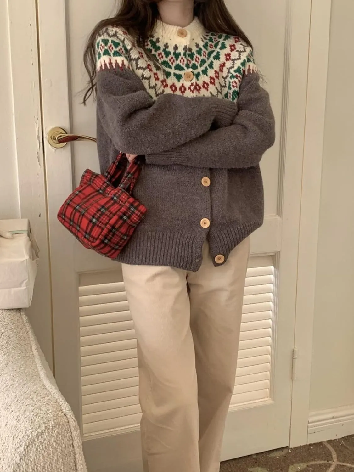 Womens Fair Isle Chunky Knit Cardigan - Button Down Vintage Sweater for Fall