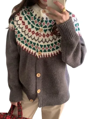 Womens Fair Isle Chunky Knit Cardigan - Button Down Vintage Sweater for Fall