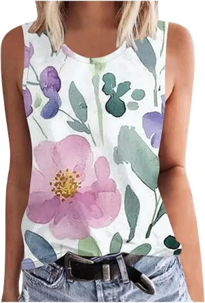 Women's Fashion Tank Tops Floral Print Crewneck Sleeveless Loose T-Shirts Workout Athletic Comfort Tees