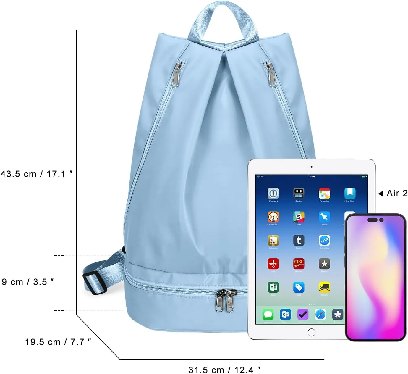 Women's Gym Backpack with Shoe Compartment & Wet Pocket, Sports Travel Backpack, 15.75x7.87x12.6 inches, Blue