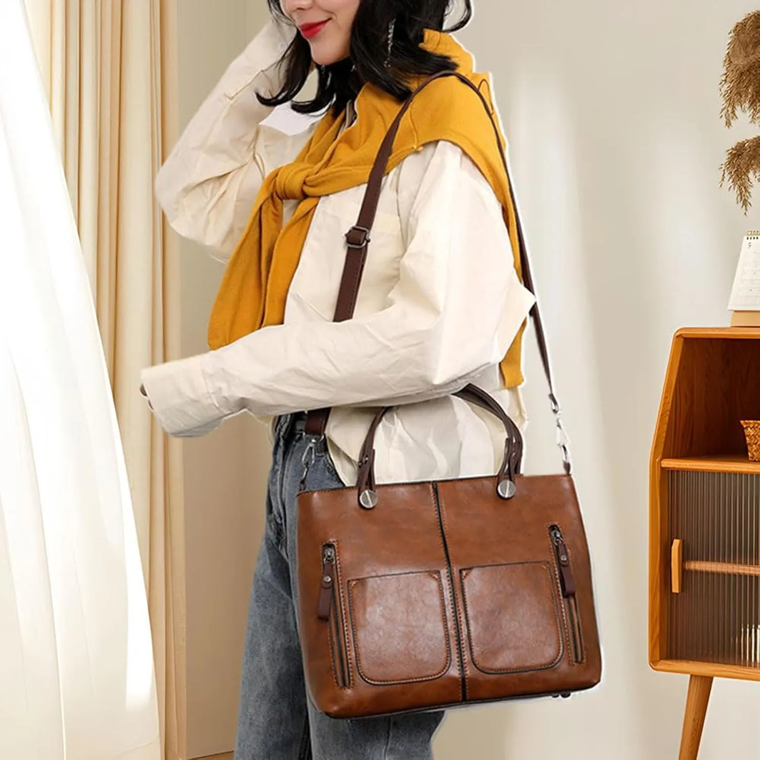 Women's Handbags Faux Soft PU Leather Vintage Shoulder Bag Top Handle Slouchy Satchel Tote Bags Multi Pocket Handbag