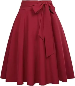 Women's High Waist A-Line Pocket Skirt Flare Midi Skirt, High Waist Pleated Skirt, Smocked Tie-Waist Waist Skirt